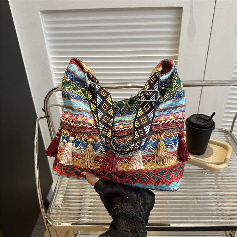 LunWeave Retro Ethnic Shoulder Tote – Colorful Boho Crossbody Bag, Red / Blue / Orange