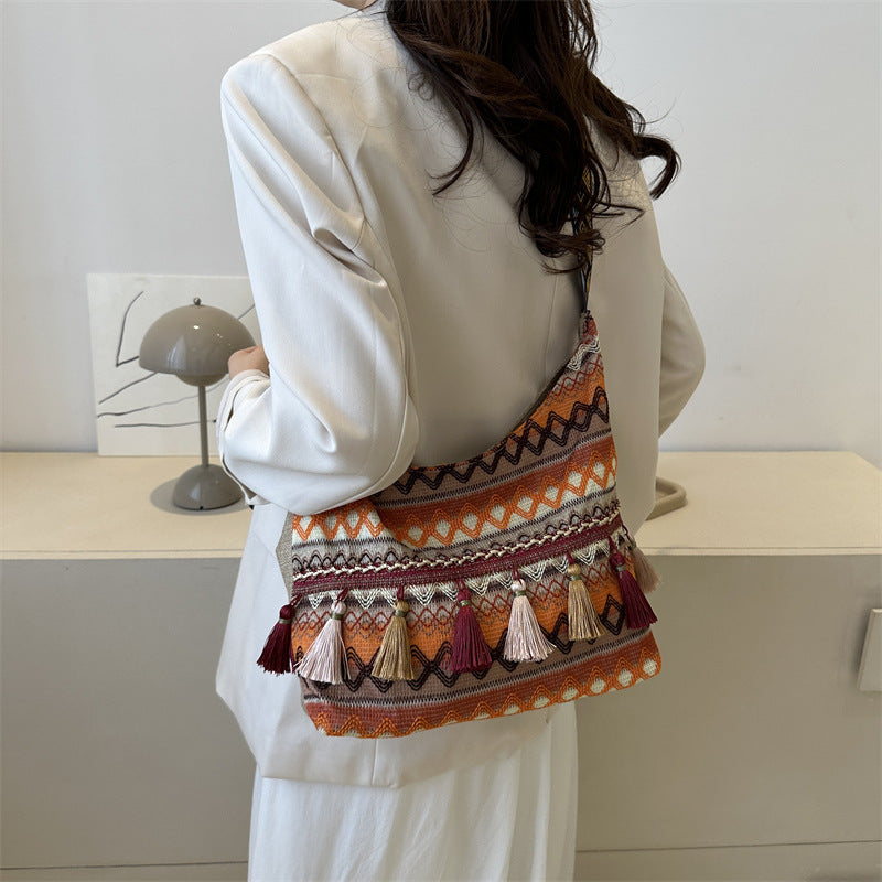 LunWeave Retro Ethnic Shoulder Tote – Colorful Boho Crossbody Bag, Red / Blue / Orange