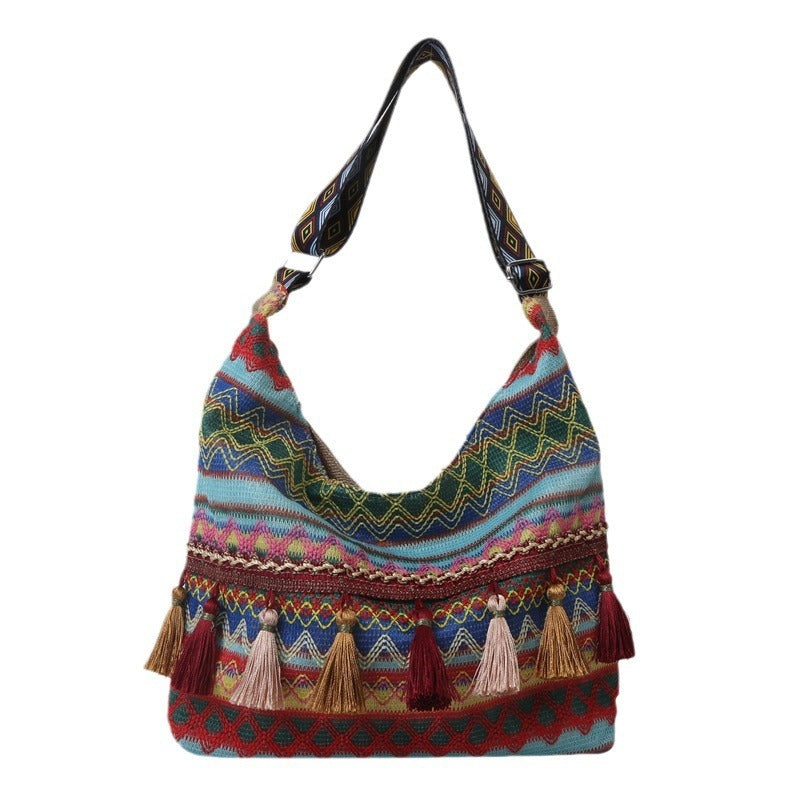 LunWeave Retro Ethnic Shoulder Tote – Colorful Boho Crossbody Bag, Red / Blue / Orange