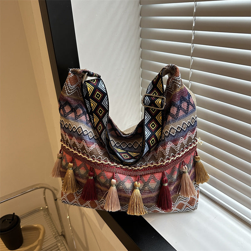 LunWeave Retro Ethnic Shoulder Tote – Colorful Boho Crossbody Bag, Red / Blue / Orange
