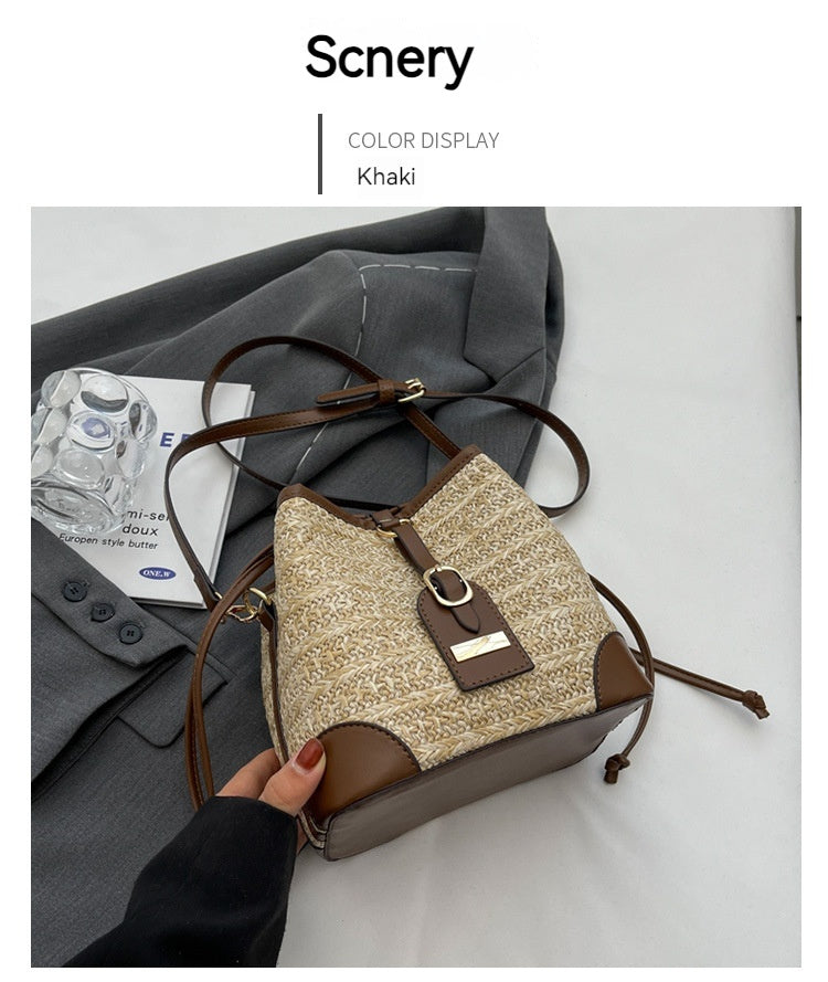 Korean Summer Straw Bucket Bag – Woven Crossbody with Pull-Belt, Milky White & Khaki