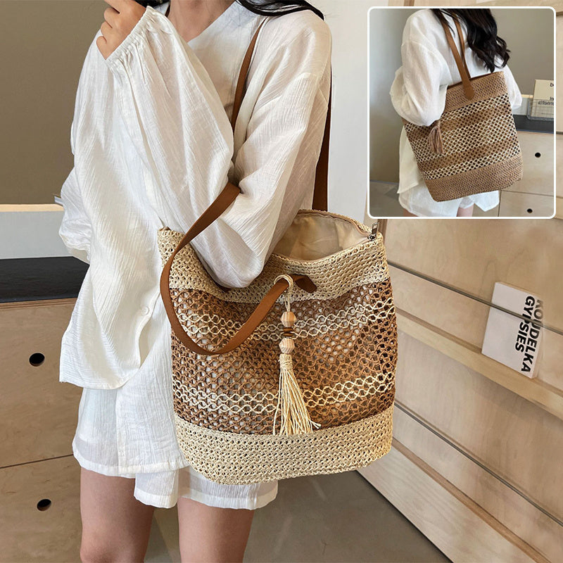 Striped Summer Straw Beach Bag – Large Capacity Tote with Tassel, Brown & Milky White