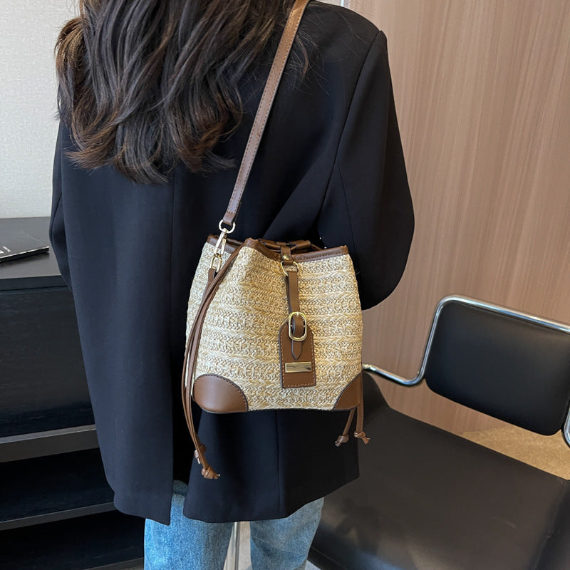 Korean Summer Straw Bucket Bag – Woven Crossbody with Pull-Belt, Milky White & Khaki