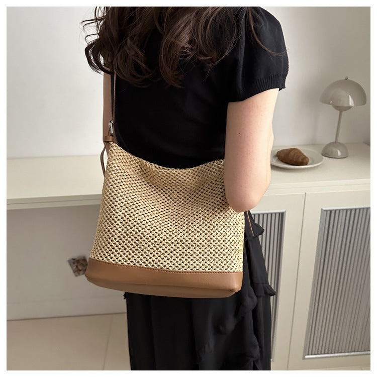 Large Woven Straw Beach Bag – Summer Vacation Tote, White, Black, Khaki, Brown