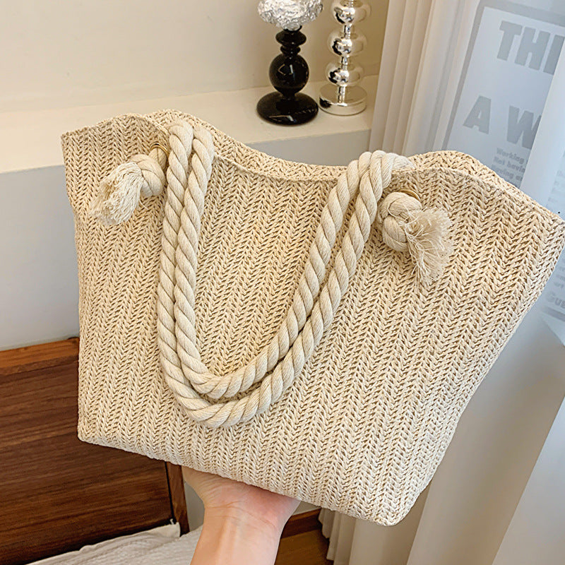 Women’s Straw Shoulder Handbag – Large Capacity Clamshell Tote, White & Khaki, Street Style