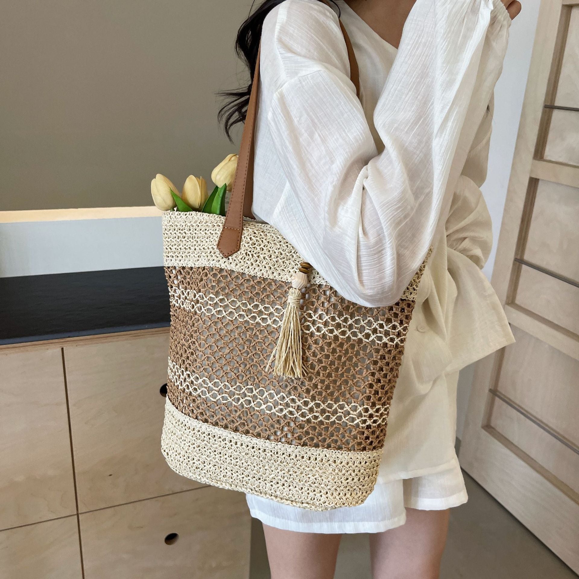 Striped Summer Straw Beach Bag – Large Capacity Tote with Tassel, Brown & Milky White