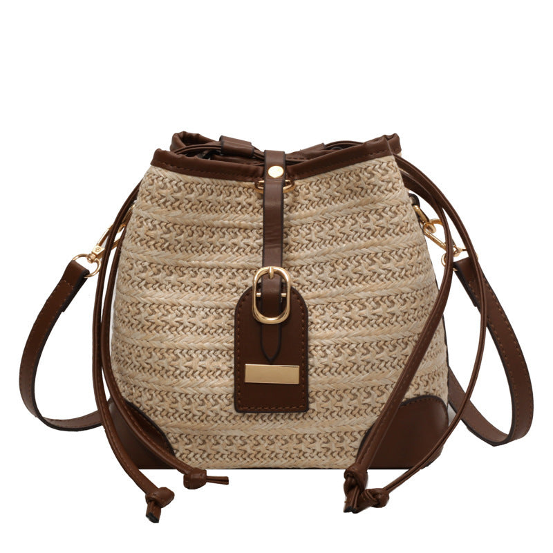 Korean Summer Straw Bucket Bag – Woven Crossbody with Pull-Belt, Milky White & Khaki