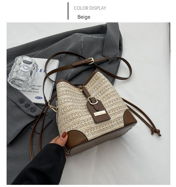 Korean Summer Straw Bucket Bag – Woven Crossbody with Pull-Belt, Milky White & Khaki