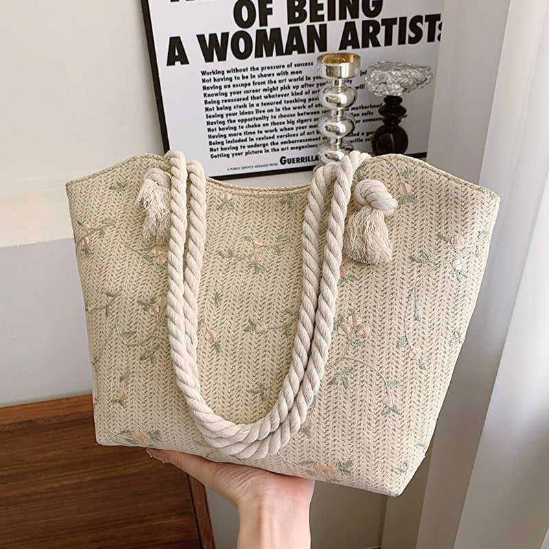 Lace Straw Shoulder Bag – Large Capacity Flap Handbag, White & Khaki, Floral Street Style