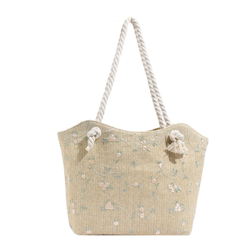 Lace Straw Shoulder Bag – Large Capacity Flap Handbag, White & Khaki, Floral Street Style