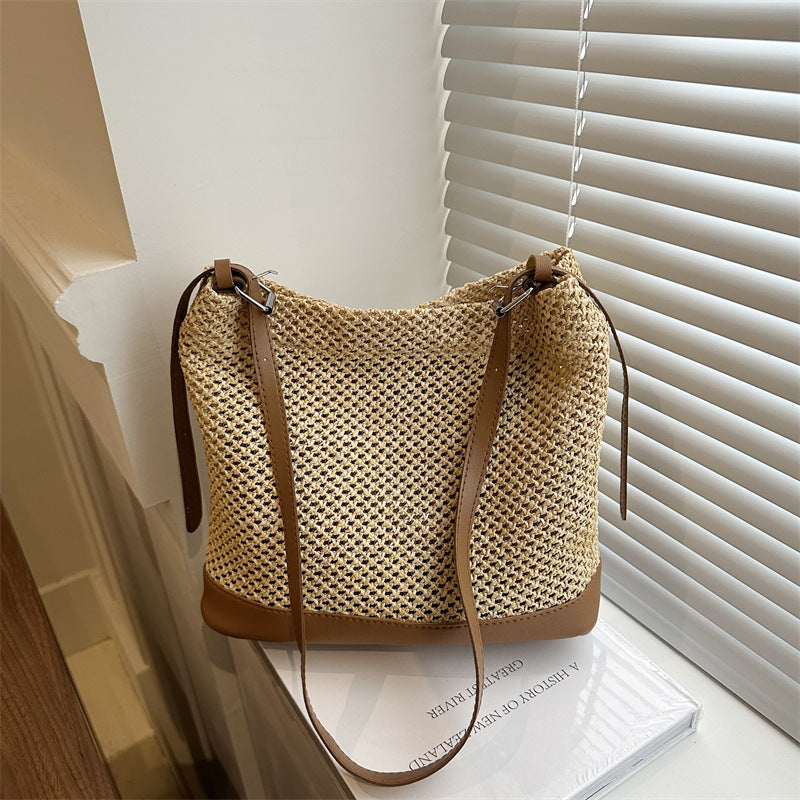 Large Woven Straw Beach Bag – Summer Vacation Tote, White, Black, Khaki, Brown