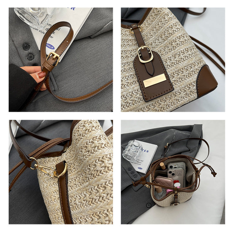 Korean Summer Straw Bucket Bag – Woven Crossbody with Pull-Belt, Milky White & Khaki
