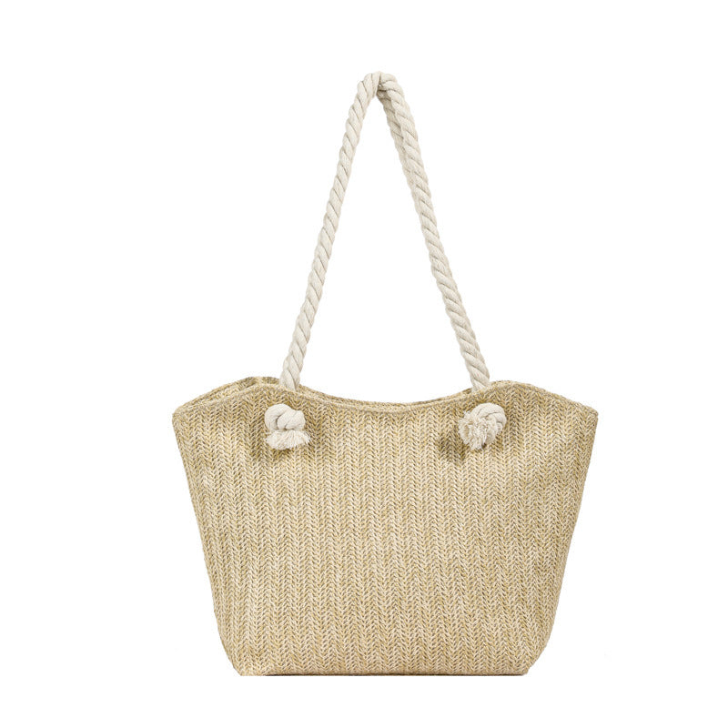 Women’s Straw Shoulder Handbag – Large Capacity Clamshell Tote, White & Khaki, Street Style
