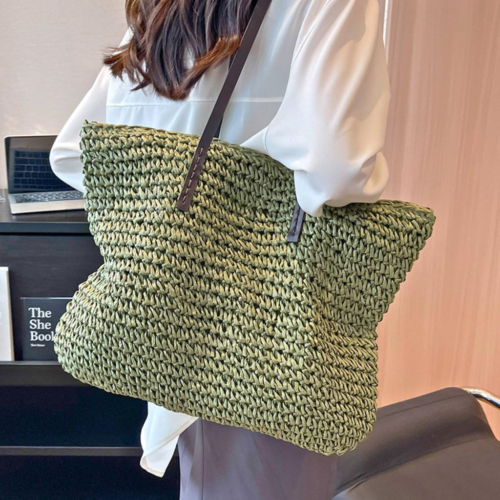 Summer Woven Tote Bag for Women with Zipper – Large Capacity Beach Shoulder Bag – Boho Handmade Straw Purse