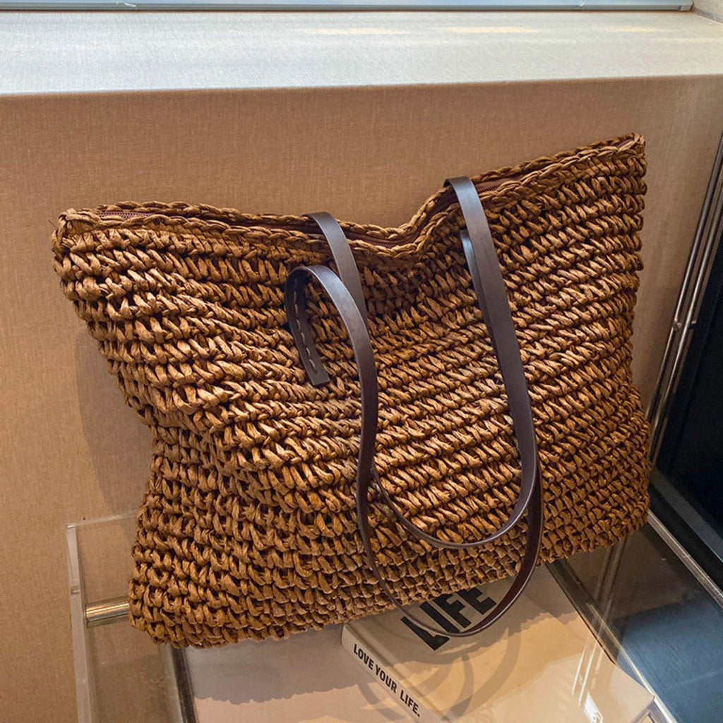 Summer Woven Tote Bag for Women with Zipper – Large Capacity Beach Shoulder Bag – Boho Handmade Straw Purse