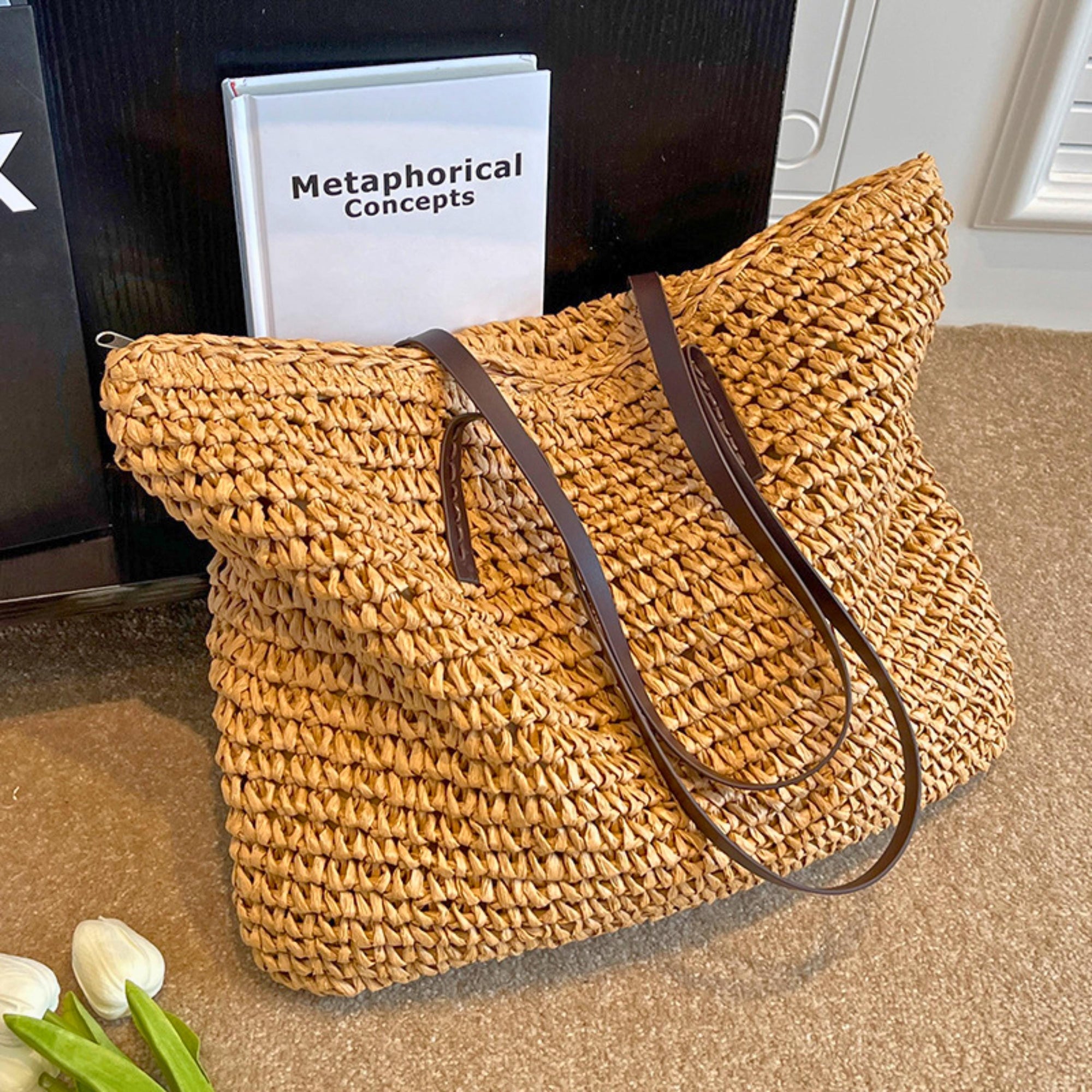 Summer Woven Tote Bag for Women with Zipper – Large Capacity Beach Shoulder Bag – Boho Handmade Straw Purse