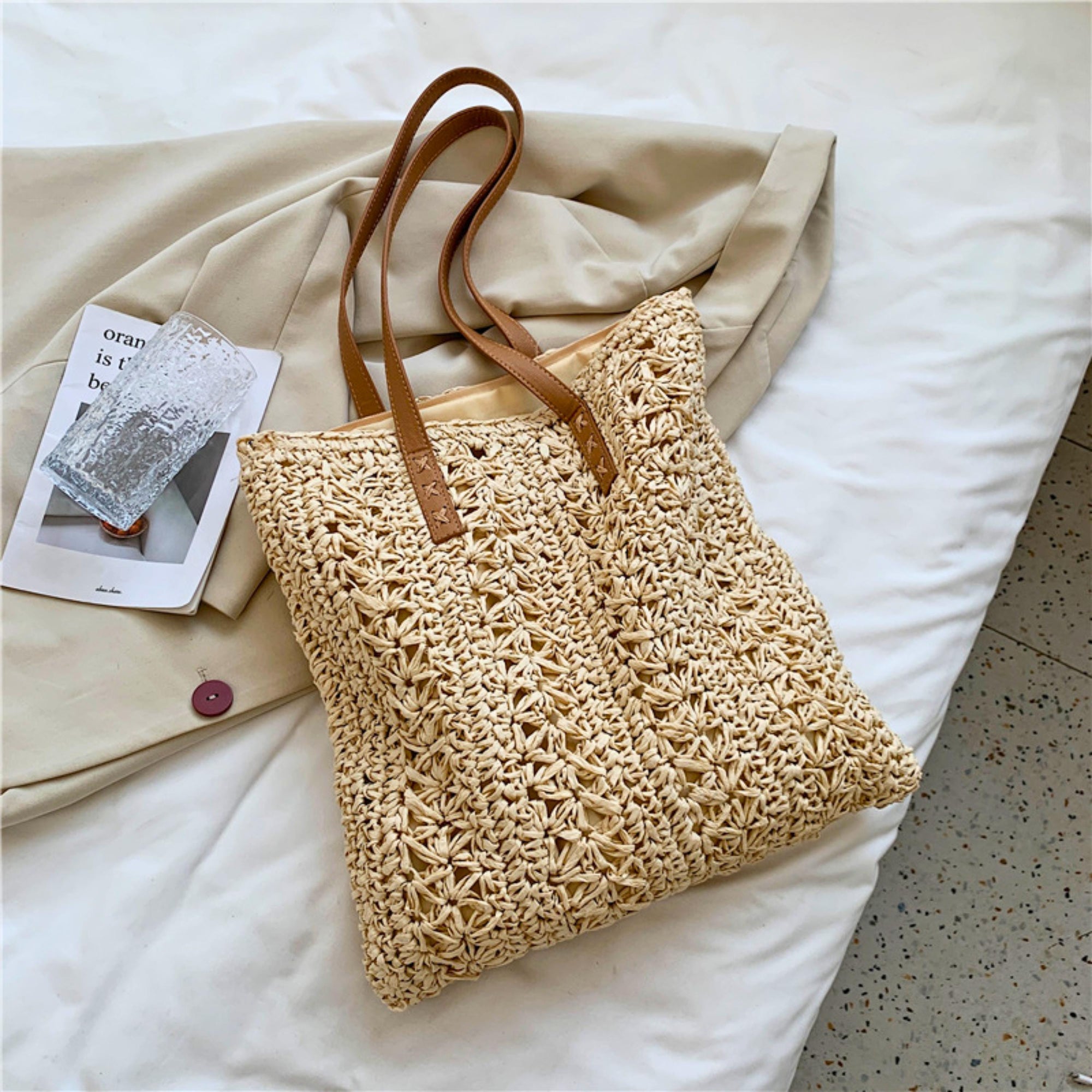 Woven Straw Tote Bag – Large Capacity Summer Beach Shoulder Bag – Boho Khaki & Beige Handbag