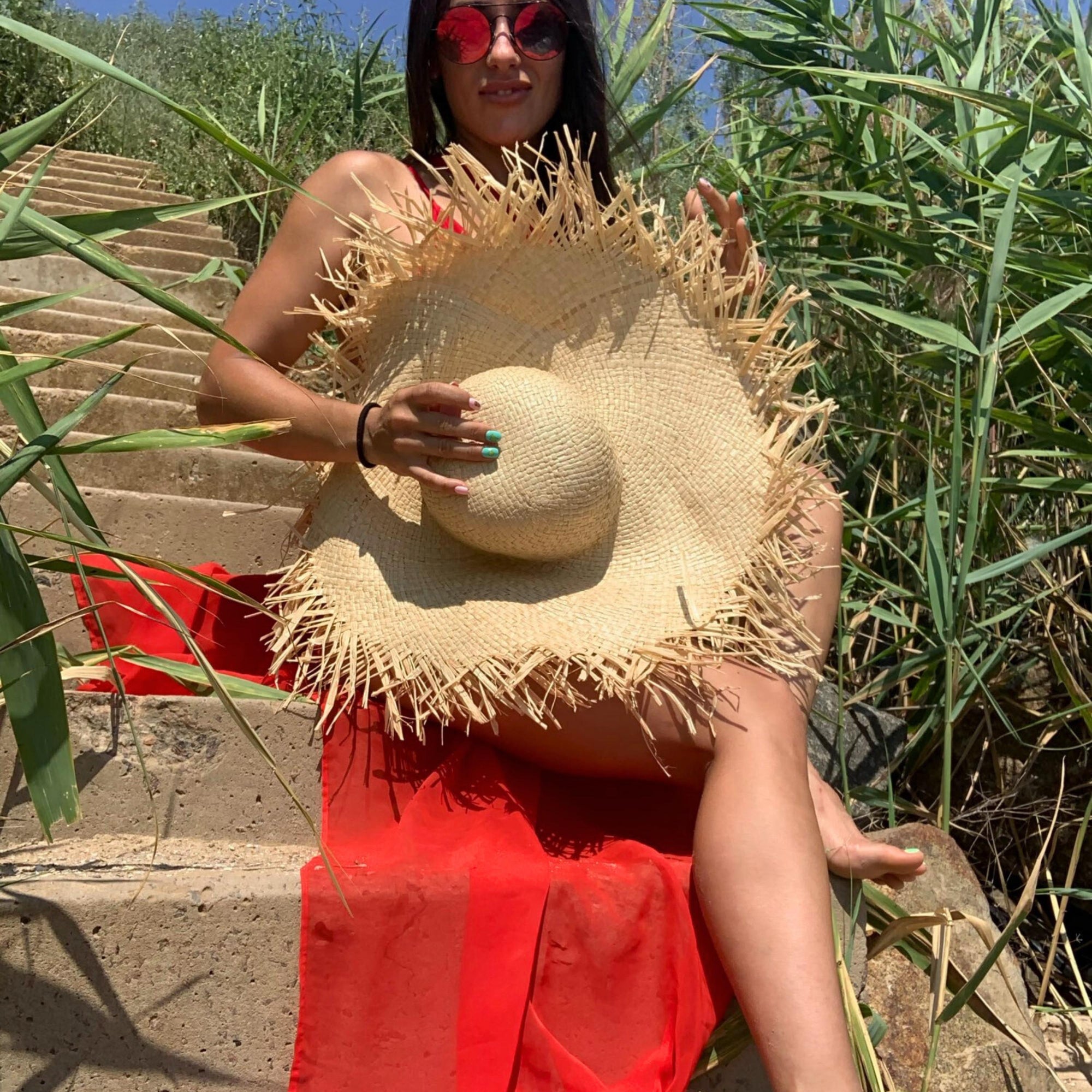 Handmade Wide Brim Straw Hat - Natural Raffia Sun Cap for Women - Oversized Beach Hat for Summer Vacations