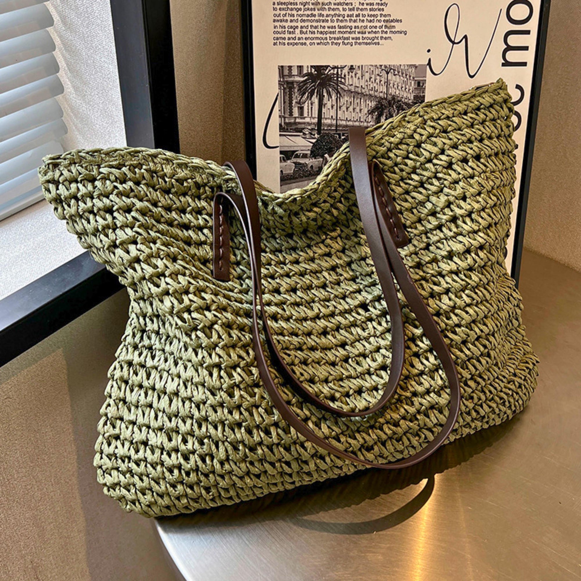Summer Woven Tote Bag for Women with Zipper – Large Capacity Beach Shoulder Bag – Boho Handmade Straw Purse