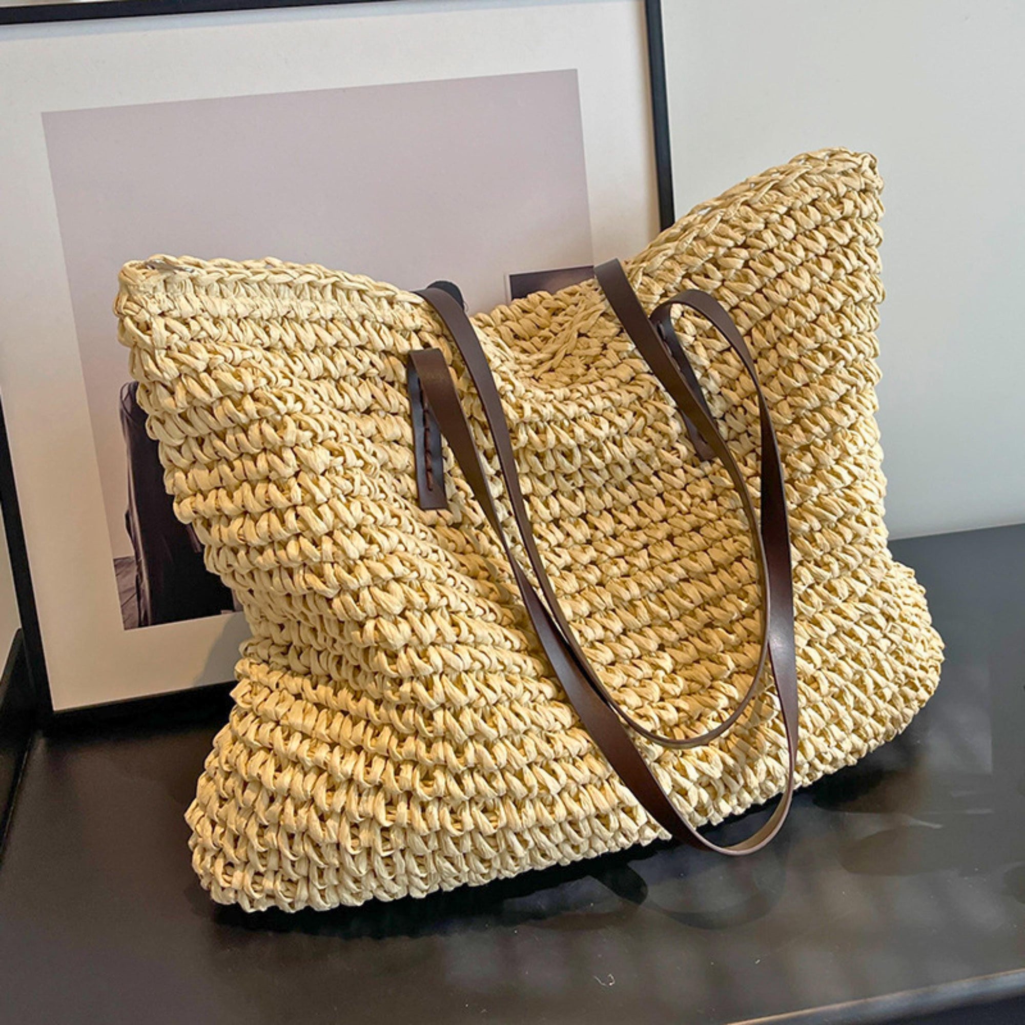Summer Woven Tote Bag for Women with Zipper – Large Capacity Beach Shoulder Bag – Boho Handmade Straw Purse