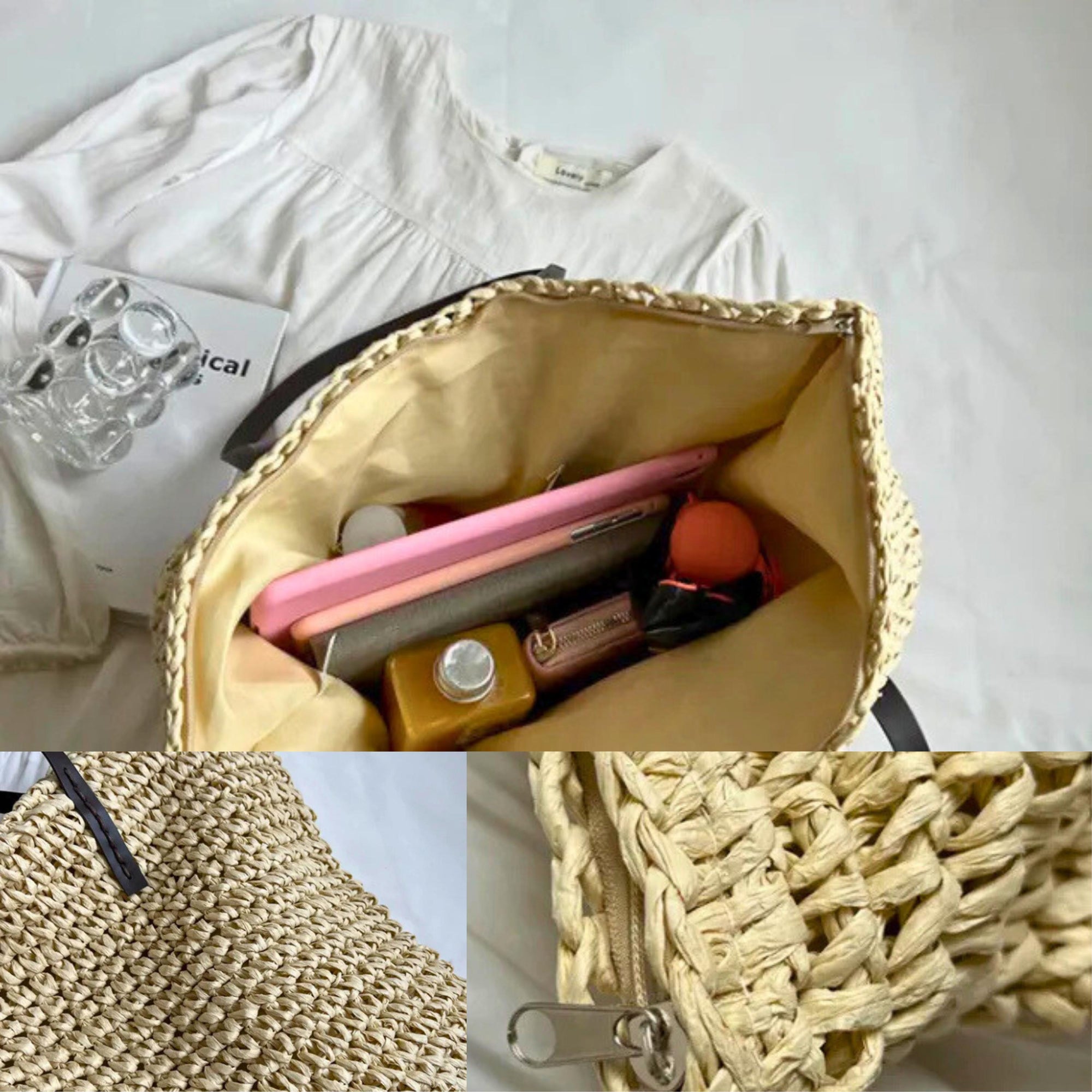 Summer Woven Tote Bag for Women with Zipper – Large Capacity Beach Shoulder Bag – Boho Handmade Straw Purse