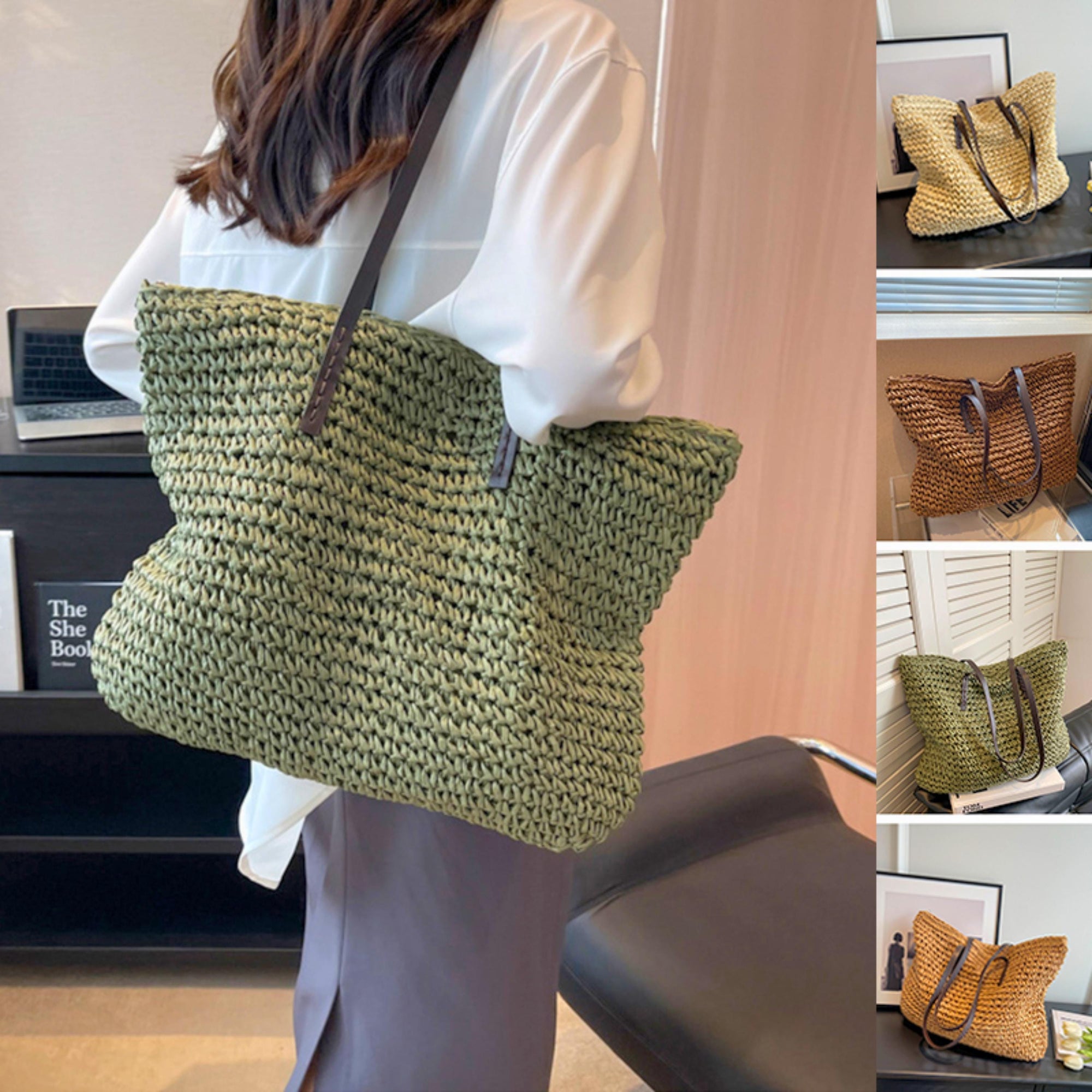 Summer Woven Tote Bag for Women with Zipper – Large Capacity Beach Shoulder Bag – Boho Handmade Straw Purse
