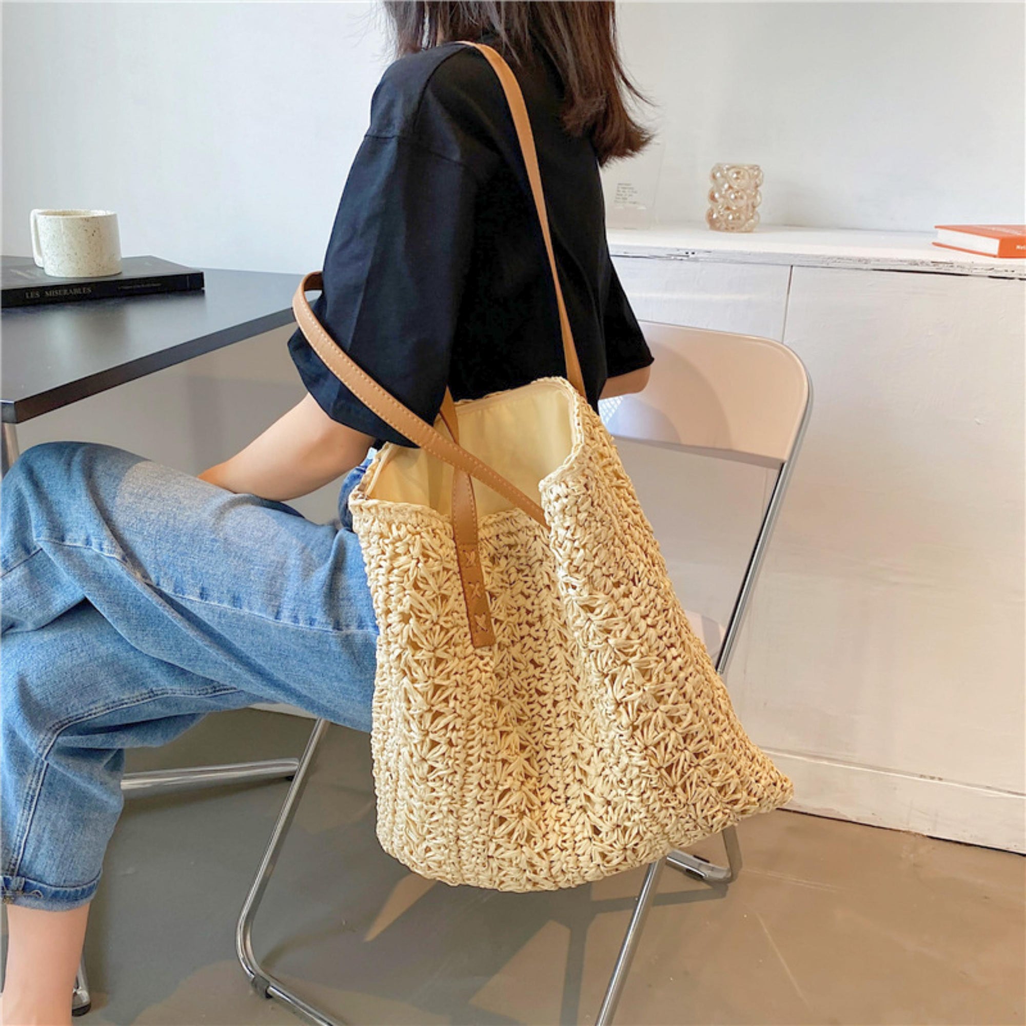 Woven Straw Tote Bag – Large Capacity Summer Beach Shoulder Bag – Boho Khaki & Beige Handbag