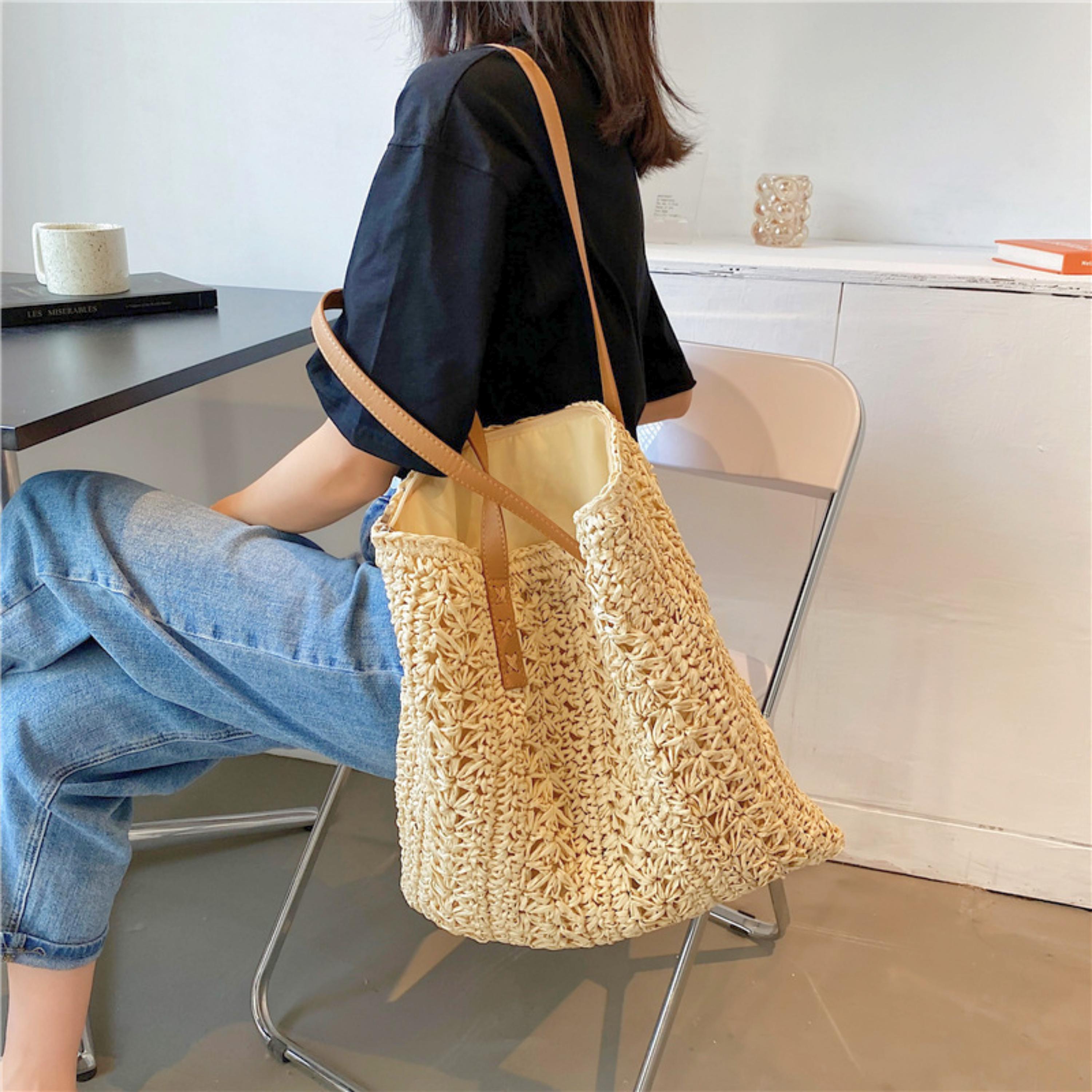 LunWeave Woven Straw Tote Bag – Large Boho Beach Shoulder Bag, Khaki & Beige Summer Style - Lunweave