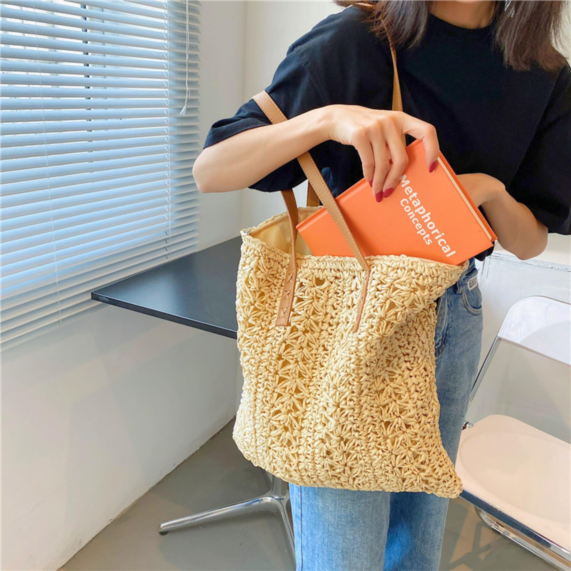 Woven Straw Tote Bag – Large Capacity Summer Beach Shoulder Bag – Boho Khaki & Beige Handbag