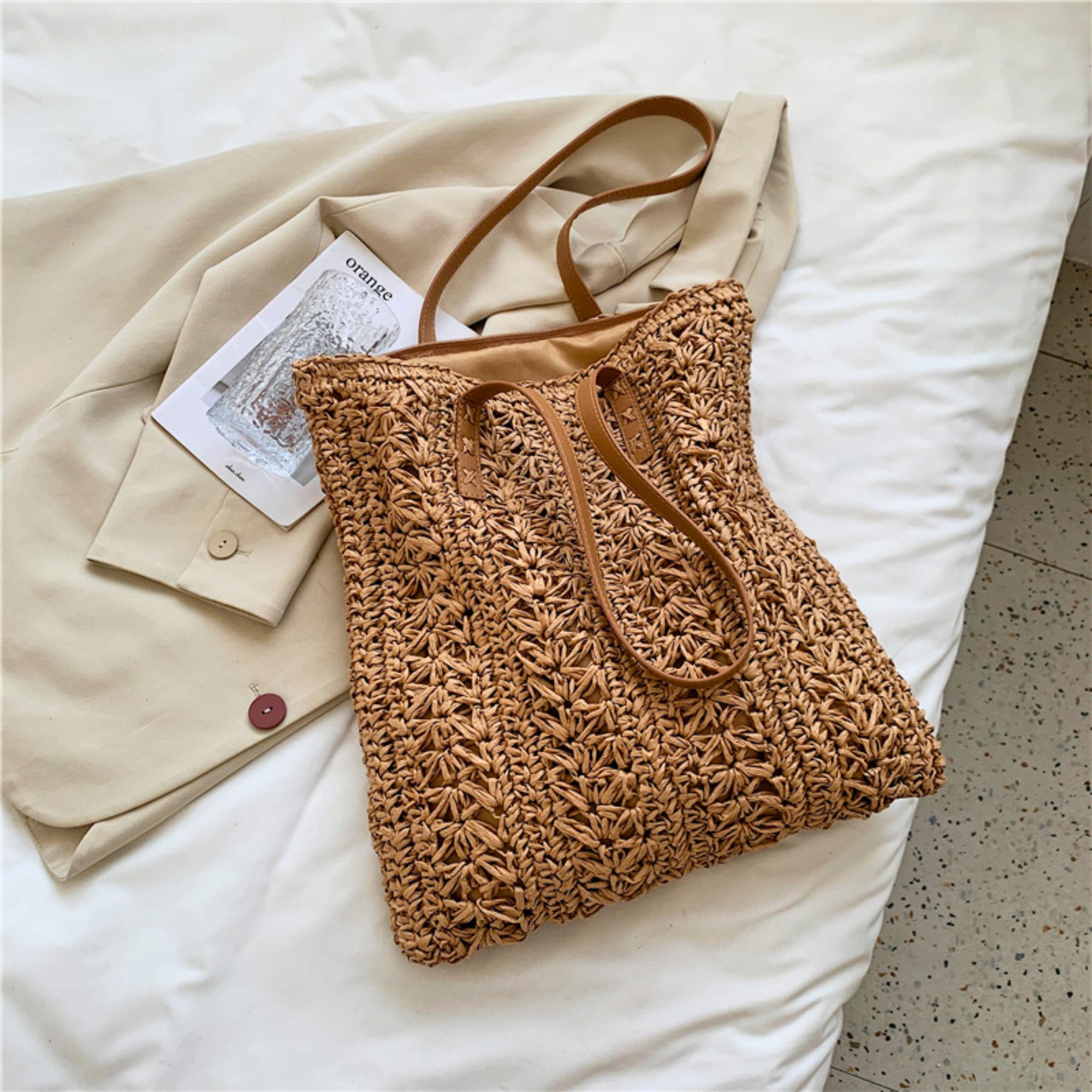 Woven Straw Tote Bag – Large Capacity Summer Beach Shoulder Bag – Boho Khaki & Beige Handbag