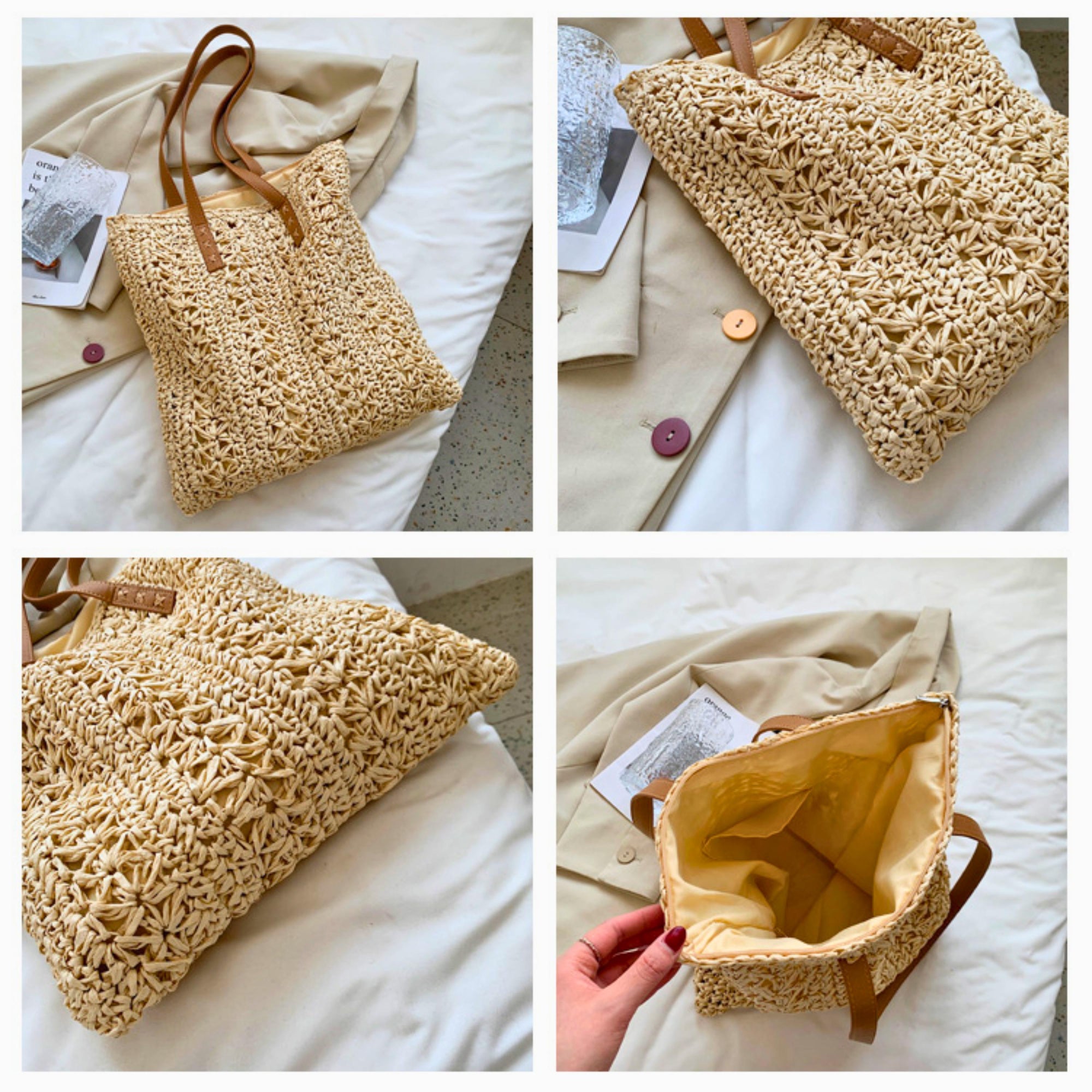 Woven Straw Tote Bag – Large Capacity Summer Beach Shoulder Bag – Boho Khaki & Beige Handbag