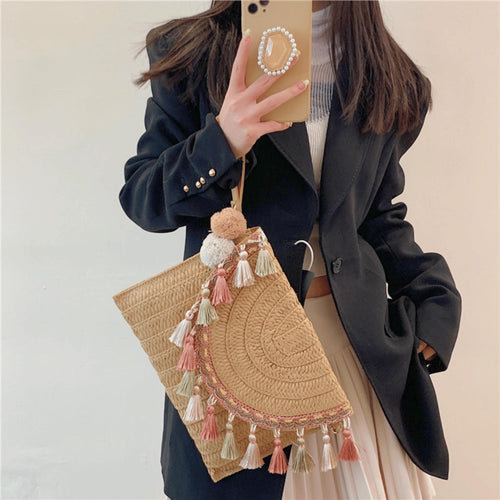 Handmade straw handbag with colorful tassels for women resort fashion