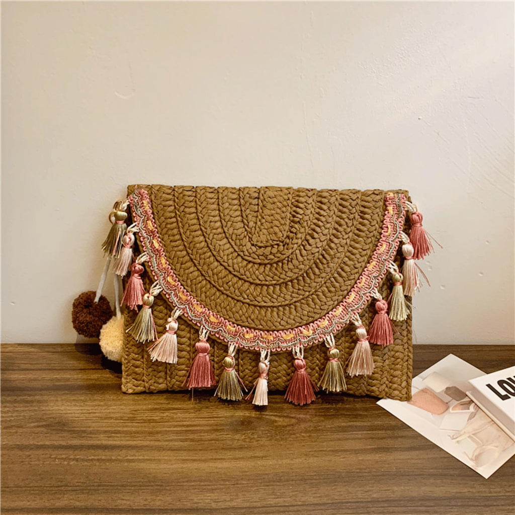Lightweight boho straw shoulder bag with zipper pocket and tassel decor