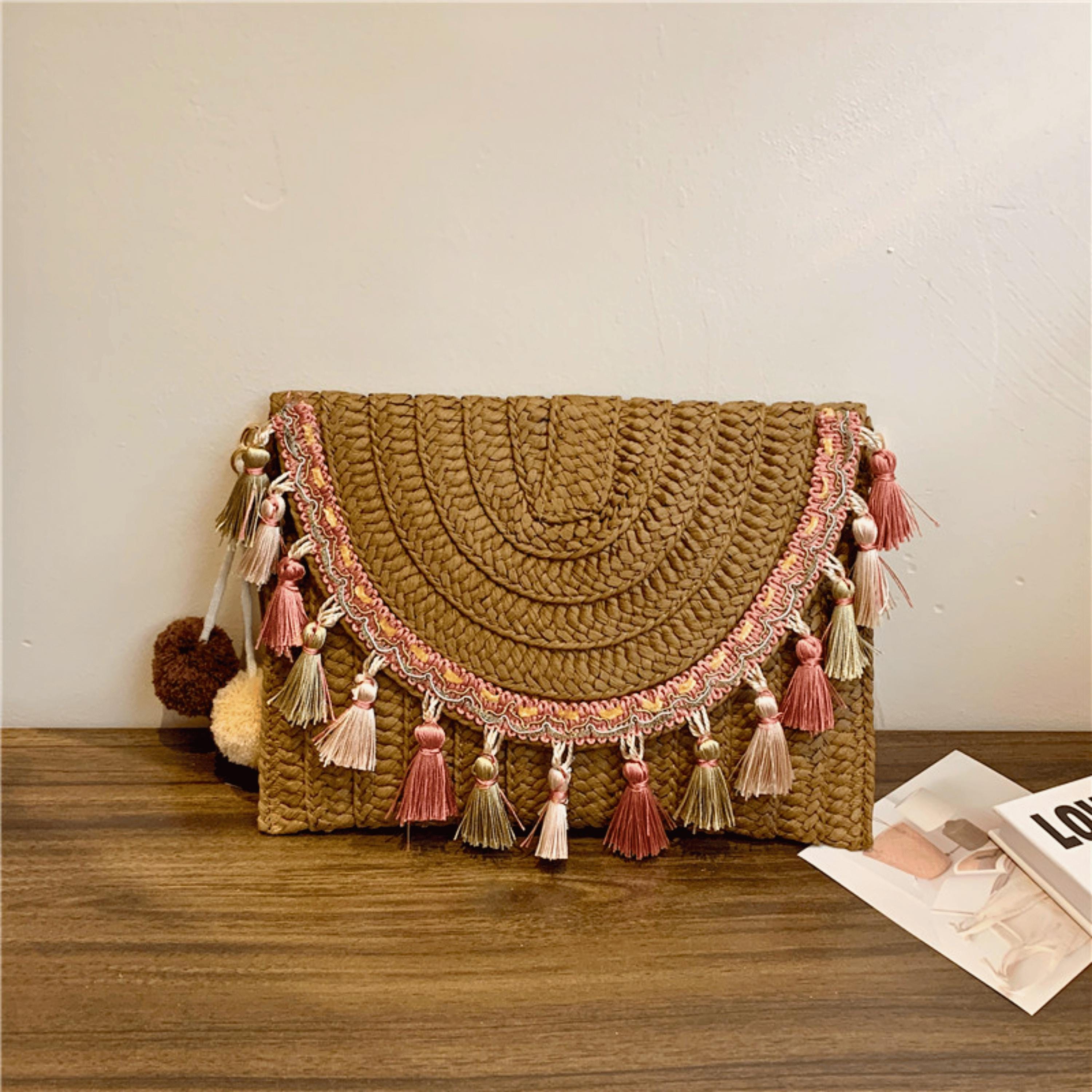 LunWeave Boho Straw Tassel Crossbody – Woven Shoulder Bag in Khaki & Coffee - Lunweave