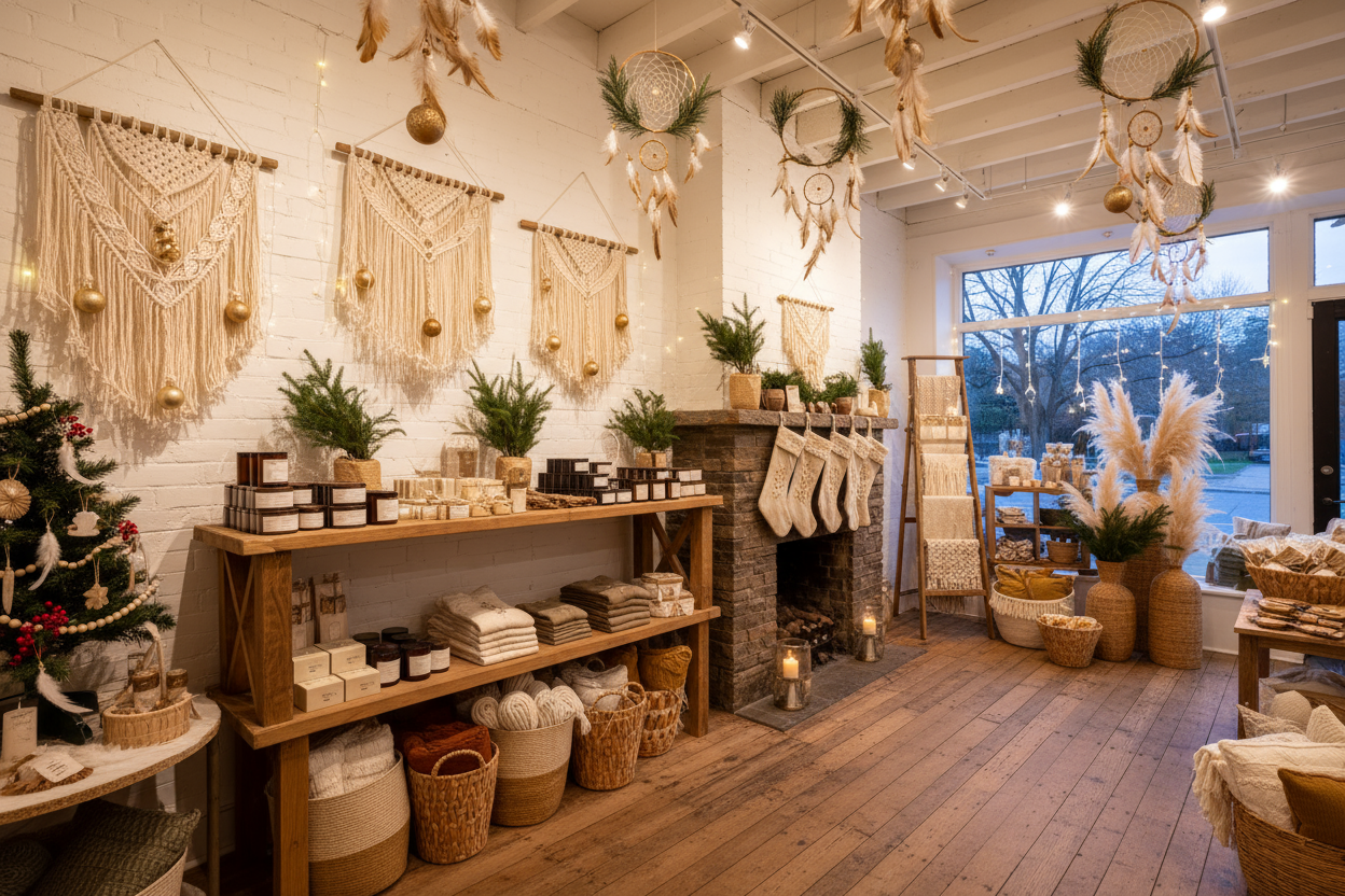 yılbaşı temalı aamerikalı kadın kitlesine uygu boho temasıyla bizim ürünlerle harmanladığın bir mağzaa görseli hazırla